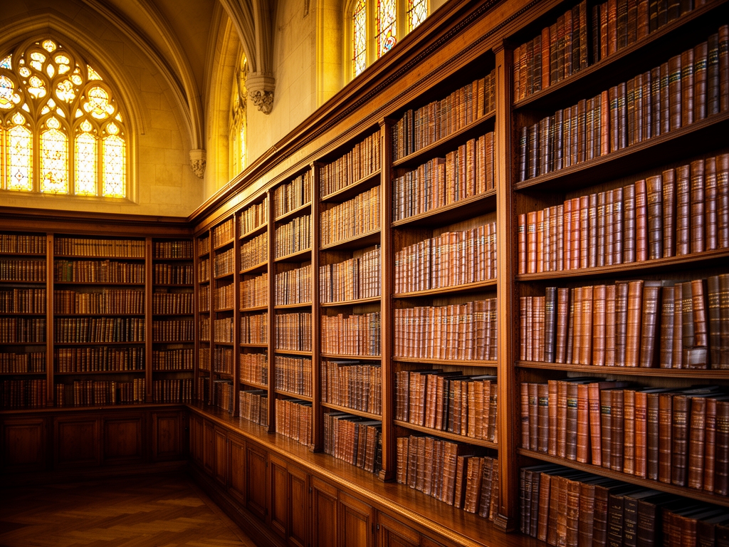 Antigua biblioteca con altas estanterías de madera llenas de libros encuadernados en cuero, luz cálida de ventanas con vitrales, atmósfera de institución académica con siglos de historia