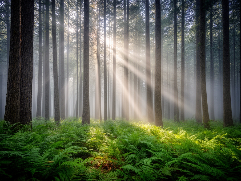 Bosque denso con rayos de luz solar penetrando entre los árboles altos, niebla matutina suave entre los troncos, suelo cubierto de helechos verdes vibrantes, atmósfera cinematográfica y misteriosa