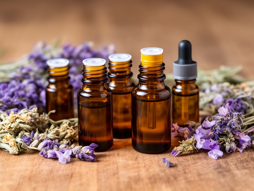 Aceites esenciales naturales en pequeños frascos de vidrio ámbar sobre superficie de madera con flores secas alrededor, composición de farmacognosia tradicional