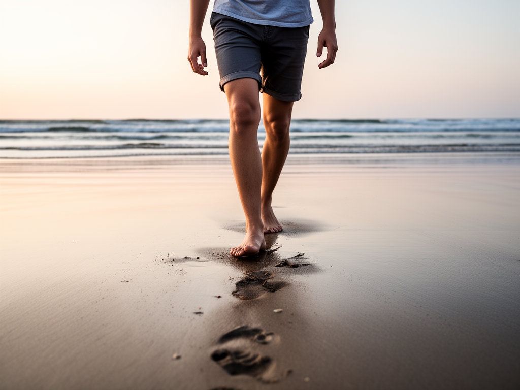 Persona caminando descalza sobre arena húmeda de playa al amanecer, huellas visibles en la arena, olas suaves en el fondo, atmósfera tranquila y serena