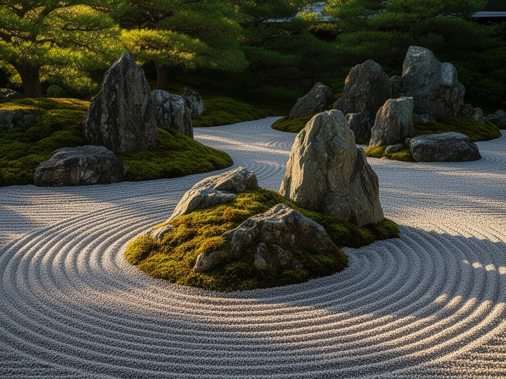 Jardín zen con grava rastrillada en patrones circulares alrededor de rocas de granito musgo, iluminado por luz de tarde con sombras largas y suaves
