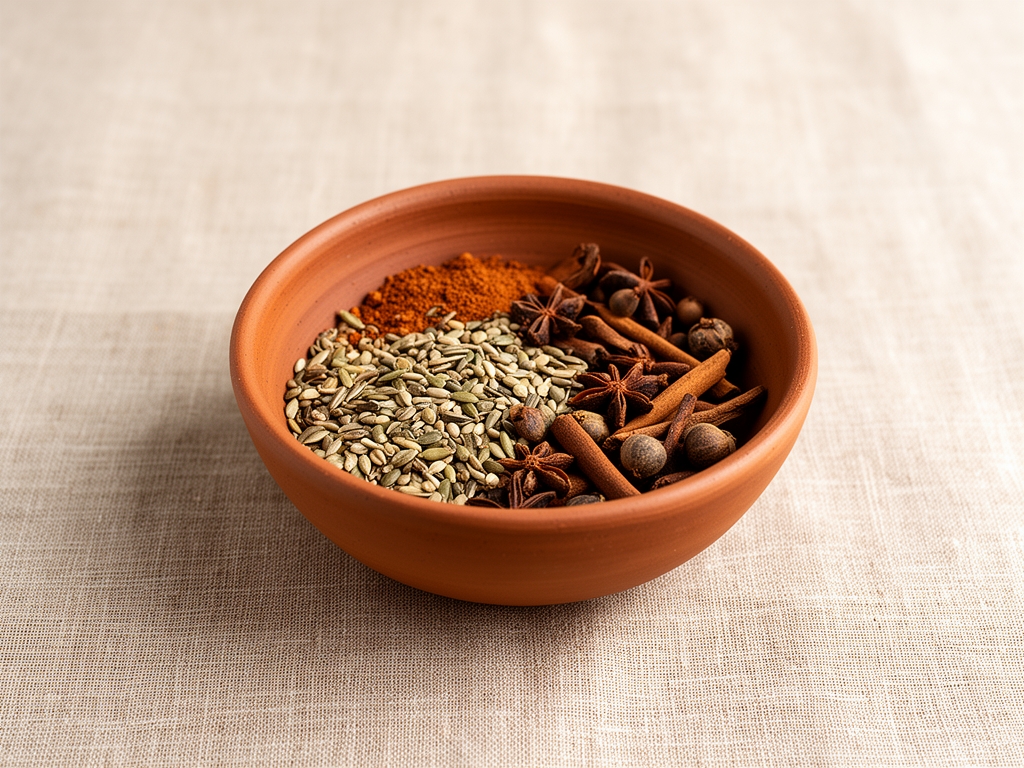 Cuenco de arcilla artesanal con semillas y especias sobre tela de lino natural, composición orgánica con luz suave desde arriba, tonos tierra y beige