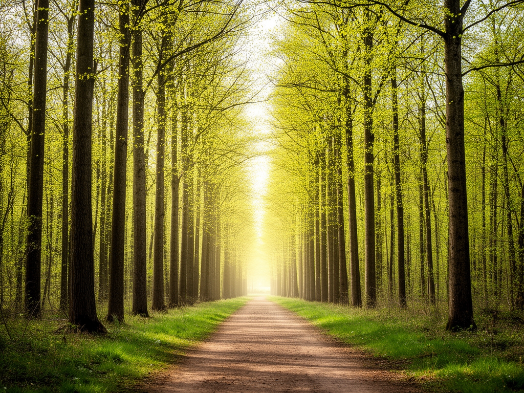 Sendero de tierra entre árboles altos en primavera con luz filtrada entre hojas nuevas de color verde claro, perspectiva en profundidad hacia el horizonte iluminado