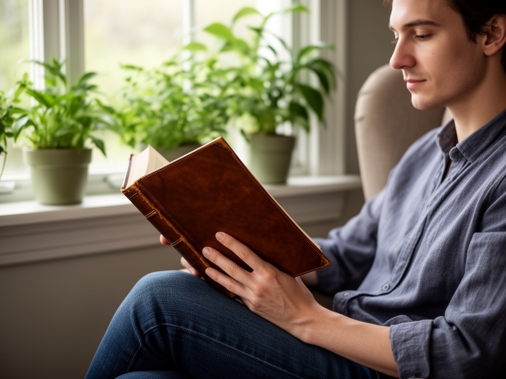 Persona leyendo un libro antiguo de cuero marrón en un sillón junto a una ventana con luz natural suave, plantas verdes en el alféizar, atmósfera calmada y contemplativa