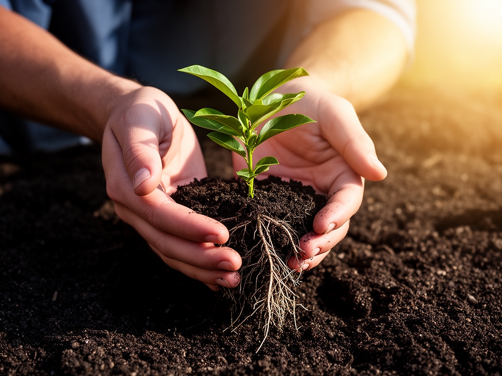 Manos sosteniendo con cuidado una pequeña planta con raíces expuestas sobre tierra fértil oscura, luz natural cálida desde la derecha creando sombras suaves y textura detallada en la tierra