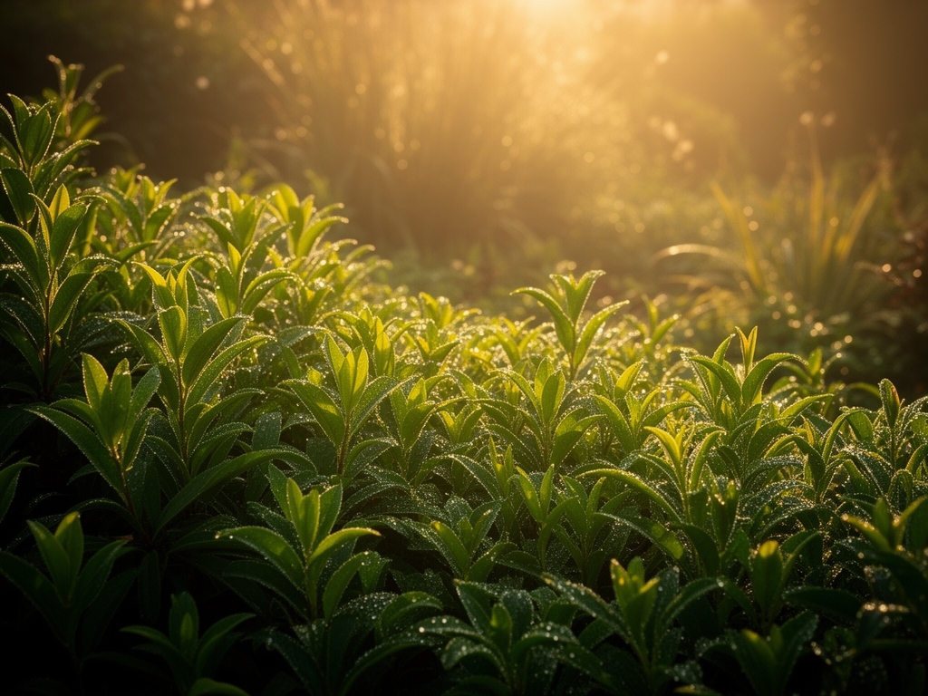 Jardín natural al amanecer con plantas verdes exuberantes bañadas en luz dorada suave, rocío matutino en las hojas, atmósfera tranquila y profunda con sombras cálidas