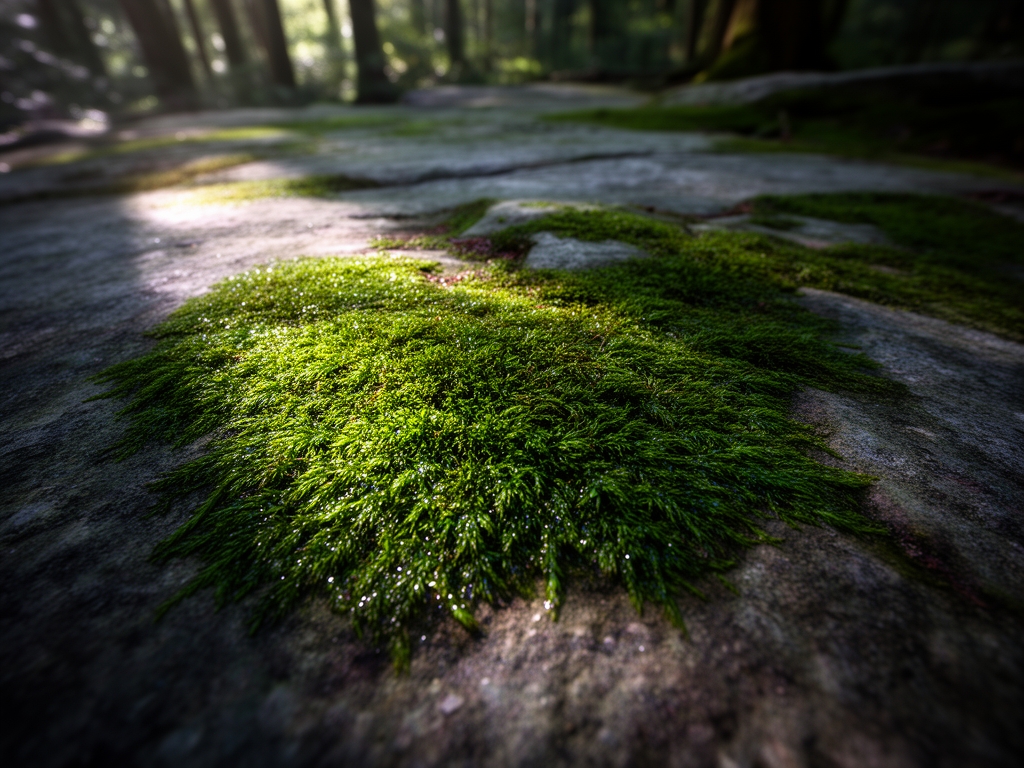 Superficie de piedra natural con musgo verde húmedo y luz suave filtrada entre árboles, textura orgánica detallada, paleta de colores fríos y cálidos en armonía