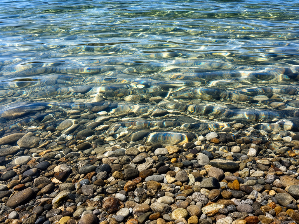 Superficie de agua clara con reflejos de luz solar formando patrones geométricos naturales, fondo de guijarros de río visibles bajo agua cristalina